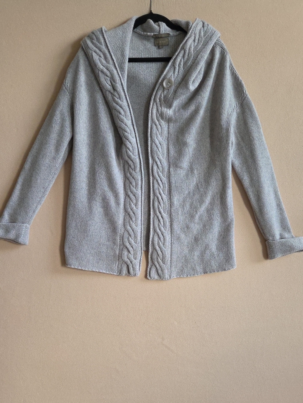 Mantovani Studio 100% Cashmere Hooded Cable Knit Open Front Cardigan Gray Size